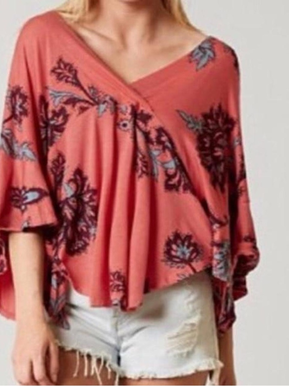 Free People Coral Floral V-Neck Draped Tunic